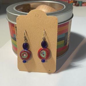 Blue, Red, Green Beaded Drop Earrings Drop about 1 inch